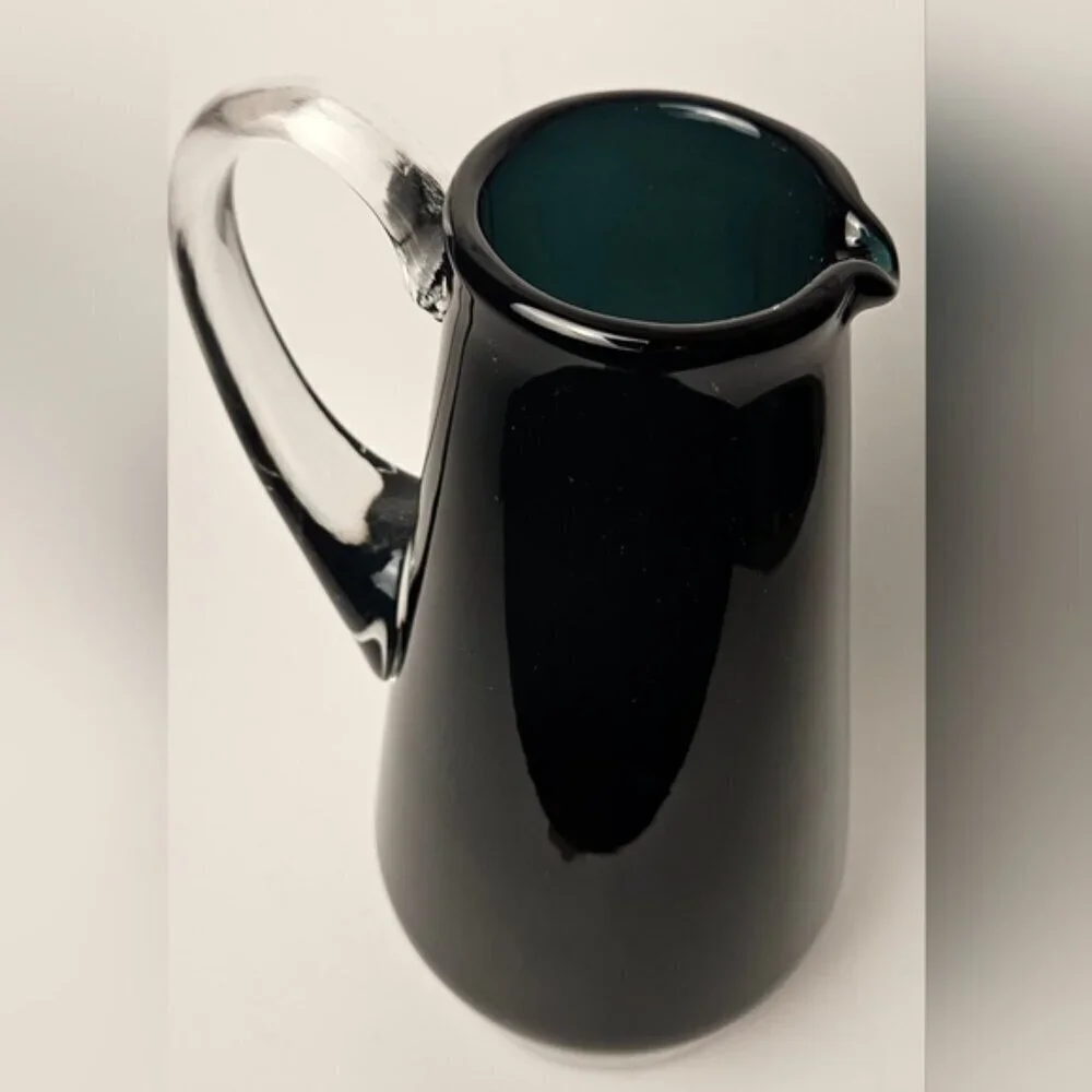 Vintage MCM Art Glass Pitcher Vase Blue Green Minimalist 10”